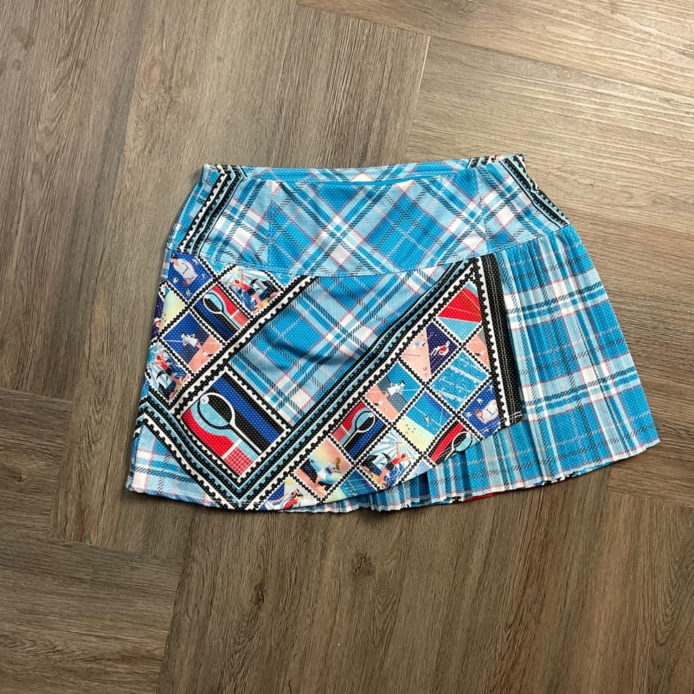 Lucky in Love Post It Stamp Plaid Tennis Golf Skort Skirt Womens Small Blue